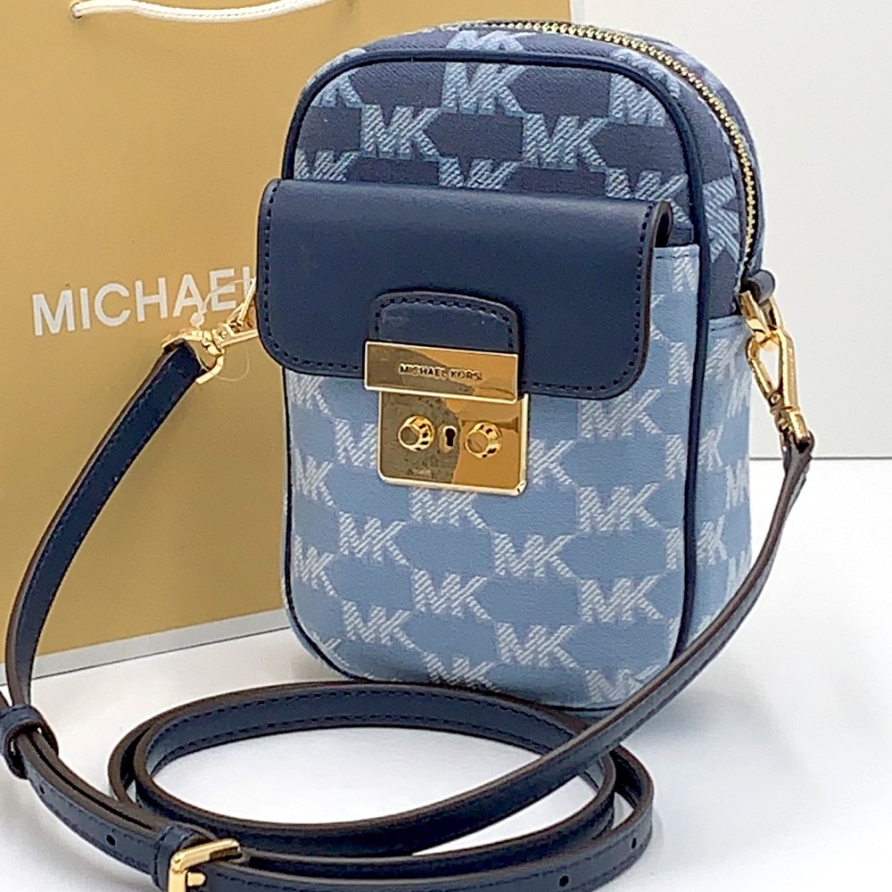 MICHAEL KORS SLOAN EDITOR SMALL NS TOP ZIP FLAP PACKET XBODY NAVY MULTI